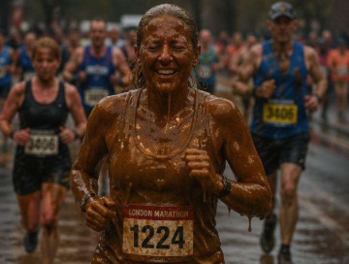 An enthusiastic runner covered in gravy